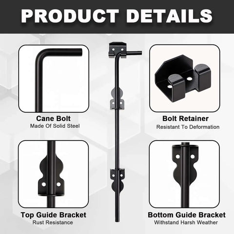 Product details of Two Pack 18 Inch Heavy Duty Cane Bolt Gate Drop Rod Stopper Hardware for wood, metal, vinyl fences, and double doors.