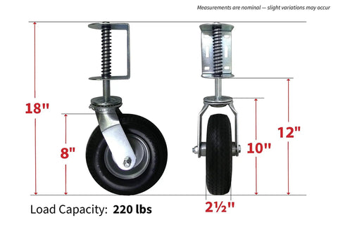 Heavy Duty Flat Free Spring Gate Caster With Universal Mount Eight Inch Wheel 220 Pound Load Capacity front and side view with measurements