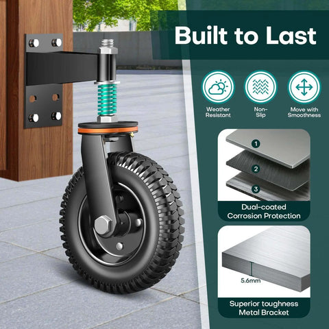 Heavy duty gate wheel anti sag support with 6 inch spring loaded gate caster, dual mount design showing metal bracket and tire.