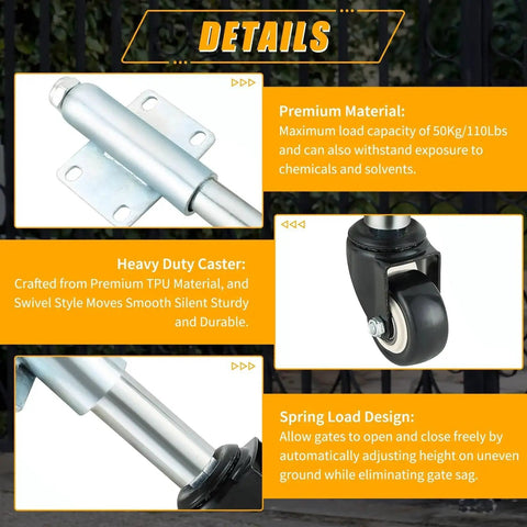 Two Inch Spring Loaded Gate Caster With TPU Wheel Heavy Duty Single Pack For Doors And Gates Load Capacity Up To 110 Lbs displayed with features.