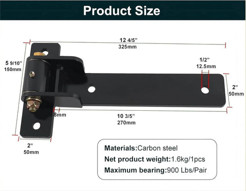 Heavy Duty Gate Hinges 900 Lbs Capacity - 13" Bolt-On or Weld-On Hinges with Built-in Ball Bearings shown in product size dimensions
