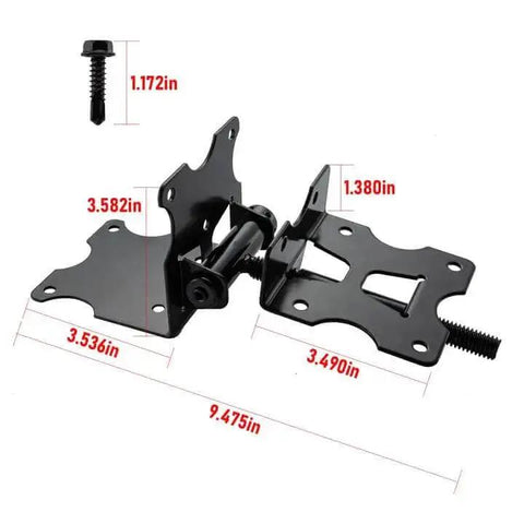 Heavy Duty Self Closing Gate Hinges For Vinyl And Wood Fences, 90 Degree Adjustable With Swing Tool, Black Iron Powder Coat, dimensions shown