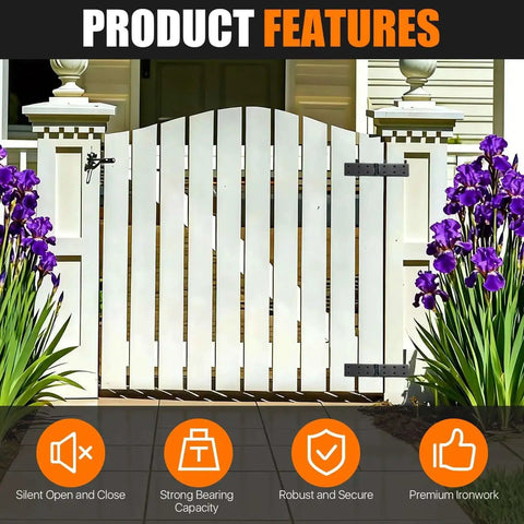 Closed white gate with Four Piece Heavy Duty Gate Hinges Set With 270 Degree Adjustable Butt Folding Design, flowers on sides.