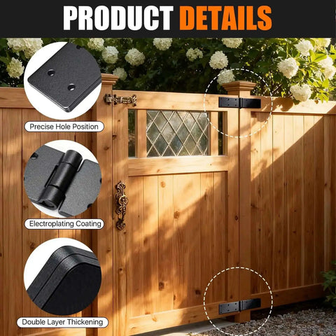Detailed view of four piece heavy duty gate hinges set with 270 degree adjustable butt folding design iron bifold door hardware on wood gate.