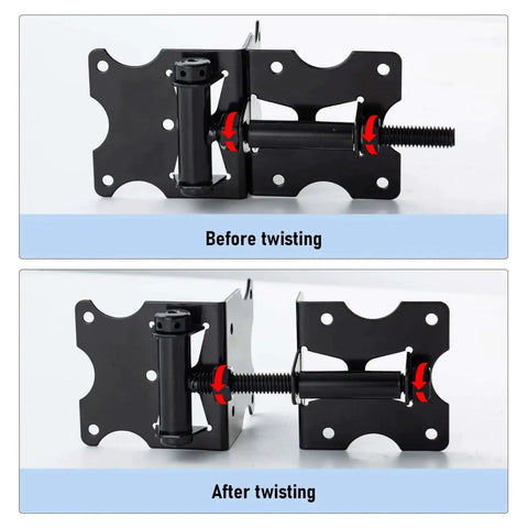 Heavy Duty Self Closing Gate Hinges For Vinyl And Wood Fences, 90 Degree Adjustable With Swing Tool, Black Iron Powder Coat, 2 Pack Before and After Twisting