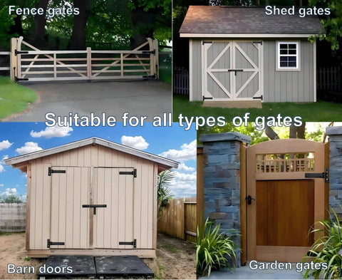 Heavy Duty Gate Hinges 900 Lbs Capacity - 13" Bolt-On or Weld-On Hinges with Built-in Ball Bearings shown on various gates