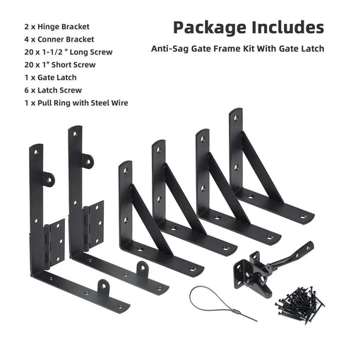 Heavy Duty Anti Sag Gate Kit With Latch For Wooden Fence Gates, Corner Brace Brackets shown in assembled view with components