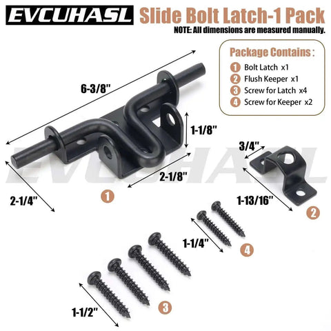 Heavy Duty Slide Bolt Gate Latch With Padlock Hole Bidirectional Door Lock Hardware For Wooden Fences, black finish, components view