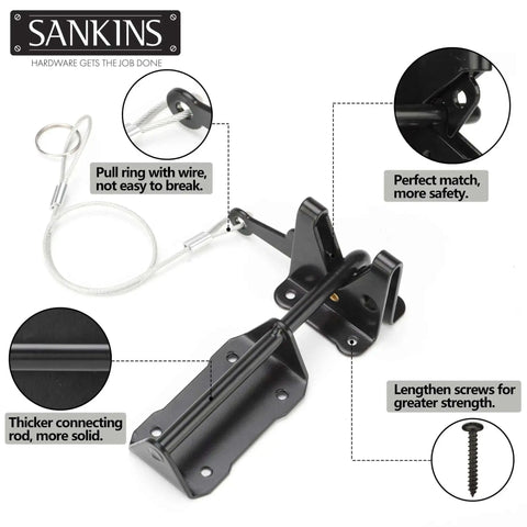 Heavy Duty Gate Latch With Gravity Lever Self Locking Wire Operated Release, black anti-rust finish, includes screws and cable
