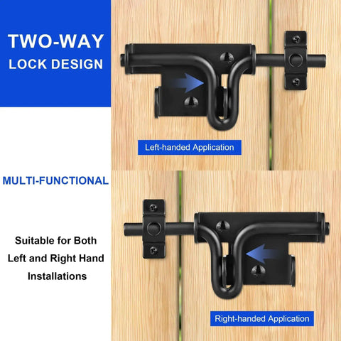 Two-way lock design showcasing Heavy Duty Slide Bolt Gate Latch With Padlock Hole on wooden fence for left and right applications