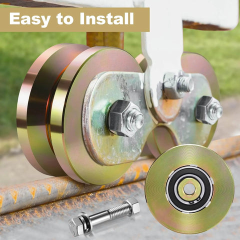 4" Heavy Duty Sliding Gate Rollers Wheels 2 Sets V Groove Slide Wheel Solid 4" Dia 1-3/4" Width Double Bearing 3000 Lbs Capacity with Screws installed on gate