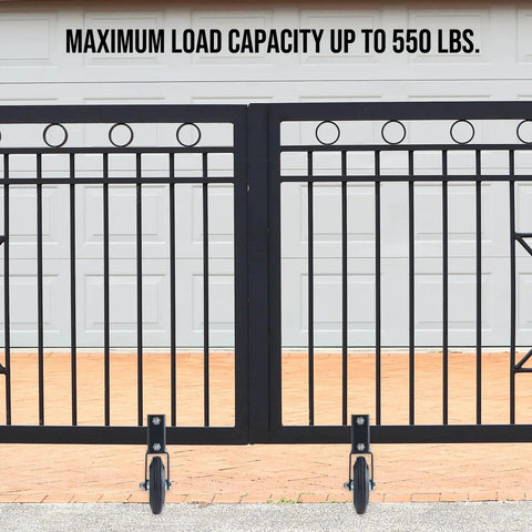 6 Inch Heavy Duty Swing Gate Wheel For One And Five Eighths To Two Inch Tubes 550 Lb Capacity Metal Gate Roller installed on gate
