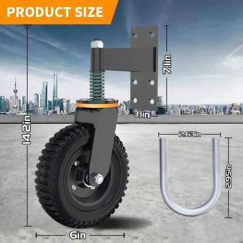Heavy Duty 6 Inch Gate Wheel With Iron Solid Rubber Core For Maximum 600 Lb Weight Capacity, showing dimensions and parts in cityscape.