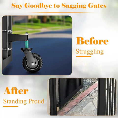 Heavy Duty Gate Wheel 6 Inch For Metal Tube Gates And Wooden Doors With 360 Degree Rotation Spring Loaded Caster 550 Lb Capacity Farm Gate Wheels Dual Mount Options Straight Or U Bolt installed on gate