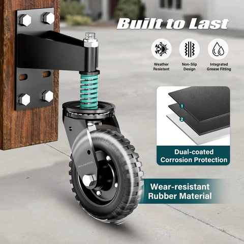 Heavy Duty Gate Wheel With 6 Inch Wheel Diameter, Spring Loaded Caster For Metal Tube And Large Wooden Gates, 550 Lb Capacity, Black, 1 Pack, Ideal For Driveways, Farms And Garden Gates To Stop Sagging attached to wooden gate