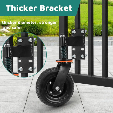 8 Inch Heavy Duty Gate Wheel With Suspension For Metal Or Wooden Gates 600 Lbs Capacity Per Wheel 360 Degree Rolling Caster With Included Screws Wrenches And Mounting Hardware Easy Installation No Special Skills Needed attached to metal gate on concrete