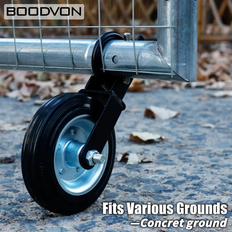 Heavy Duty Gate Wheel Caster Kit For Chain Link Fence Swing, 6 Inch Wheel, attached to gate on concrete, steel plate visible