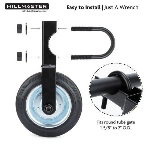 Heavy Duty Gate Wheel Caster Kit For Chain Link Fence Swing Gates Fits One And Five Eighths To Two Inch Gate Frames With Rubber Tire Wheel And Solid Steel Plate Black Powder Coat Finish For Outdoor Use