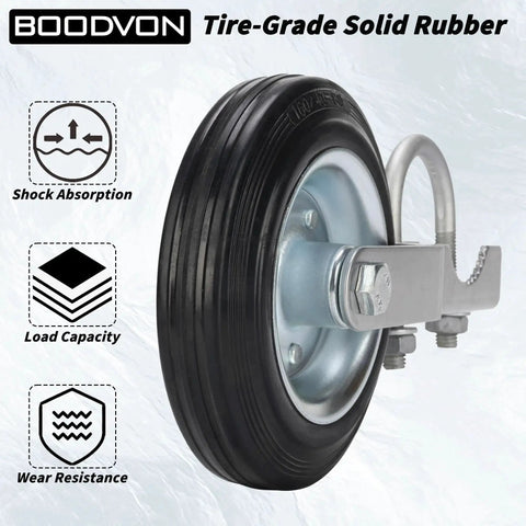Heavy Duty Gate Wheel Caster Kit For Chain Link Fence Swing, 6 Inch Wheel, steel plate, black finish, close-up view.