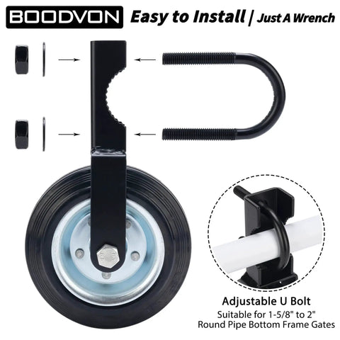 Heavy Duty Gate Wheel Caster Kit For Chain Link Fence Swing, 6 Inch Wheel, includes U-bolt for 1-5/8 to 2 inch frame fitting.