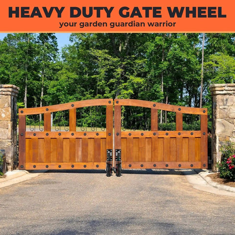 Wooden fence gate with Six Inch Gate Wheels With Brake For Metal Swing Tube Gates And Wooden Fence Gates installed