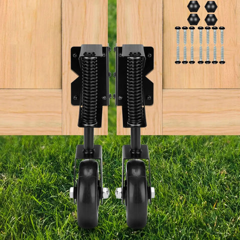 4.3 Inch Heavy Duty Gate Wheel With Spring Loaded Mechanism mounted on a wooden gate, hardware included, 2 Pack shown on grass