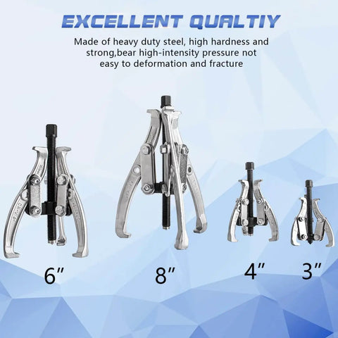 Beast Gear Puller Set with 3, 4, 6, and 8 inch pullers, heavy-duty steel construction on blue background, inside or outside pulling.