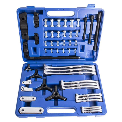 Beast Gear Puller Set With 3, 4, 6 And 8 Inch Pullers And 2 And 3 Jaw Hubs, bearing separator in blue case.