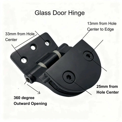 Beefy Heavy Duty Zinc Alloy Stainless Steel Glass Door Hinge For 4 To 7 Mm Glass Fits Wine Cabinets And Sauna Rooms Easy Install Two Pack Pearl Black Finish, showing dimensions and design details.