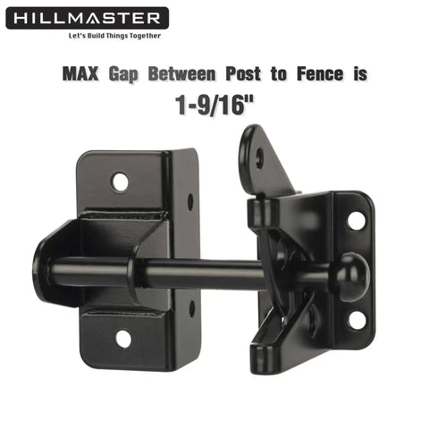 Self Locking Gravity Gate Latch For Wood Fences And Metal Gates, black powder coat, shown with max gap measurement of 1-9/16".