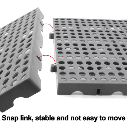 Close-up of Heavy Duty Plastic Pallets Three Pack Commercial Grade 11.8x11.8x1.8 Inches Waterproof Ventilated Grid Design.