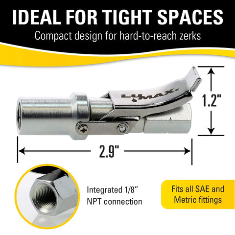 Side view of Beefy Heavy Duty Quick Release Grease Coupler 1/8 In NPT 1 Pack With Integrated Non Return Valve, compact and durable for tight spaces.