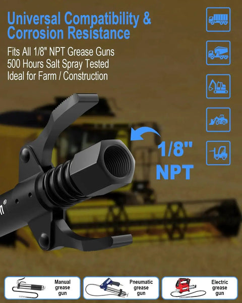 Heavy Duty Grease Gun Coupler With Leakproof Quick Lock Release showing universal 1/8 inch NPT fitting for farm machinery