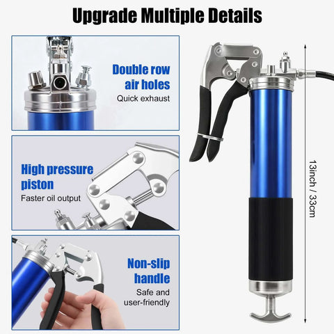 Features of Heavy Duty Grease Gun Kit, 8000 PSI Pistol Grip Grease Gun, highlighting high pressure piston and non-slip handle
