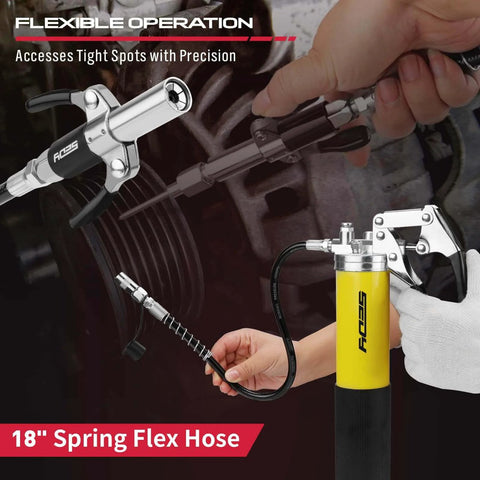 18-inch spring flex hose from 17-Piece Heavy Duty Grease Gun Kit: 14oz Grease Tube Flexible Hose Bearing Grease Pump 8000 PSI Pistol Grip Grease Guns Tool Marine Durable Connectors Adapters Extension Tubes Nozzle Easy Operation