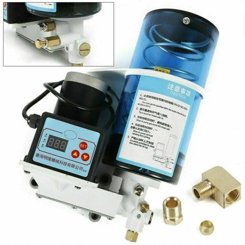 Heavy Duty Electric Grease Pump 15W, 2L Capacity, 24V Auto Lubrication System with control panel and fittings displayed