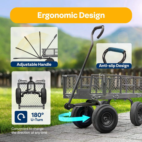 Heavy Duty Mesh Steel Garden Cart with 880 lb Capacity Folding Utility Wagon showing ergonomic features like adjustable handle and 180° U-turn design.