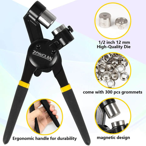 Heavy Duty Grommet Tool Kit with 1/2 Inch Die and 300 Sets of 12MM Grommets, featuring ergonomic handle and magnetic design for ease of use.