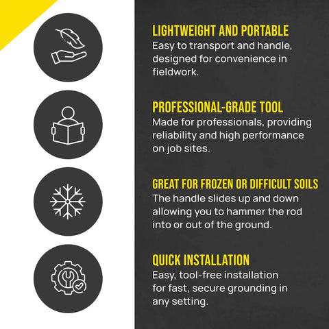 Infographic highlighting features of Heavy Duty Sliding Ground Rod With Handle For Outdoor Grounding Systems from T And T Tools.