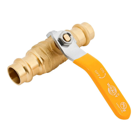 1/2 in press ball valve with orange lever handle; lead-free brass shut-off for copper tubing, heavy-duty, extended stem.