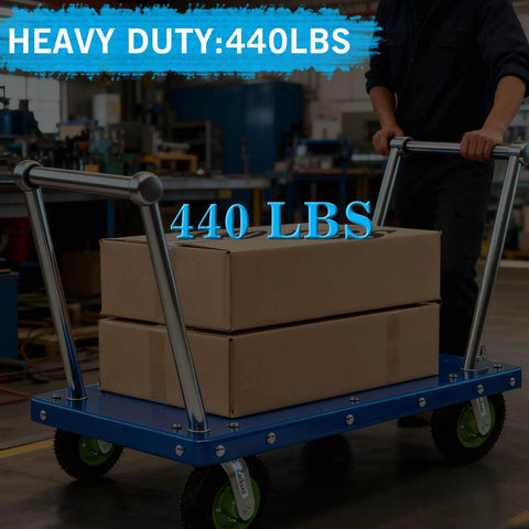 10 inch heavy duty pneumatic caster wheels set of 4 with rubber knobby tread on a heavy-duty cart carrying two boxes.