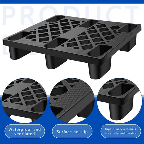 Heavy Duty Plastic Pallets For Basement Storage Waterproof HDPE Grids Lightweight Floor Pallets 25 By 28.7 By 5.7 Inches Built Tough For Garage Supermarket Basement Racks 2 Pack, shown from angled view with grid design and sturdy legs.