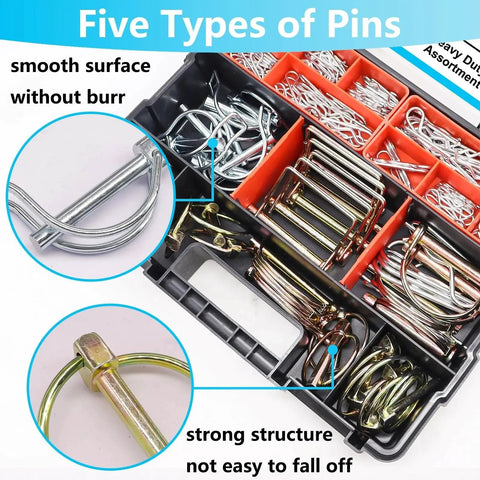 Heavy Duty Hitch Pin Kit 202 Pcs With Clip Pins R Clips Linch Pins PTO Pins For Trailer Truck Towing, organized in storage case.