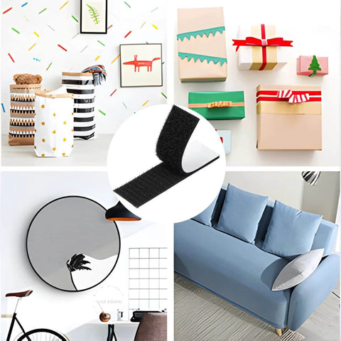 Heavy-Duty Hook And Loop Strips With Adhesive Backing shown securing picture frames and organizing gifts, 15 Pack, 1.2x4 Inch.