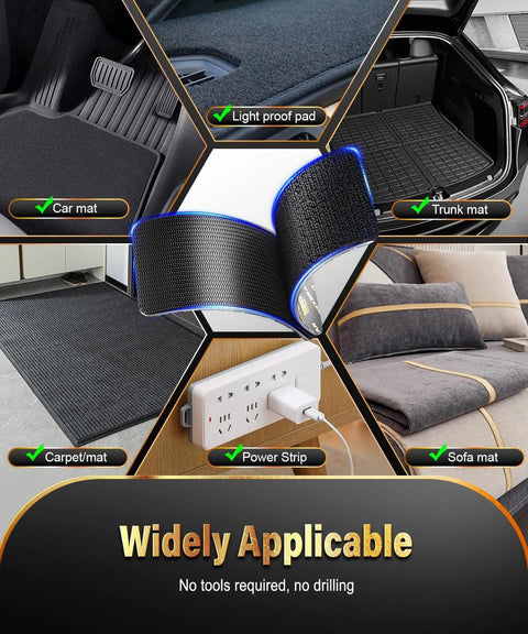 Industrial Strength Hook And Loop Strips With Ultra Sticky Super Adhesive Backing, Heavy Duty Velcro Tape Pack In Three Sizes, used on car mats, trunk mats, and more.