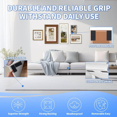 Heavy Duty Double Sided Hook And Loop Tape Adhesive Strips 1x4 Inches Set Of 20 used for securing carpets, pictures, and cushions indoors.