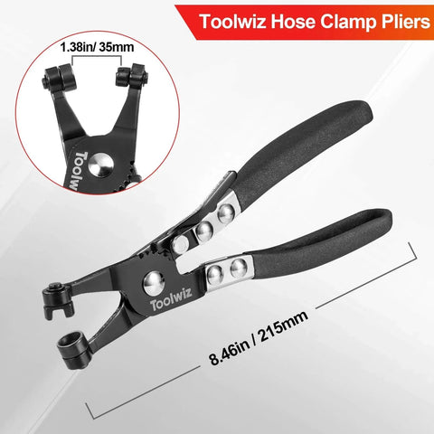 Heavy Duty Hose Clamp Pliers with Locking Device and Non Slip Handle, 1.38 inch jaw, carbon steel, 215mm length, black finish.