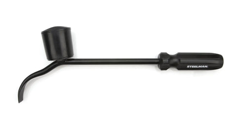 Heavy duty hubcap remover tool for auto mechanics delivers durable steel build, a large rubber hammer face, and a wide pry blade.