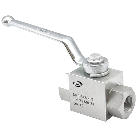 TieMin 3/8 in NPT hydraulic ball valve with lever, silver metal body, two-way shut-off.