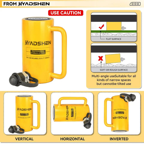 Beefy 50 Ton 6 Inch Stroke Hydraulic Cylinder Porta Power Ram For Lifting And Single Acting Jack With Auto Retract Heavy Duty Tool For Shipbuilding And Bridge Work HYADSHEN in yellow, shown in vertical, horizontal, and inverted orientations with caution instructions.